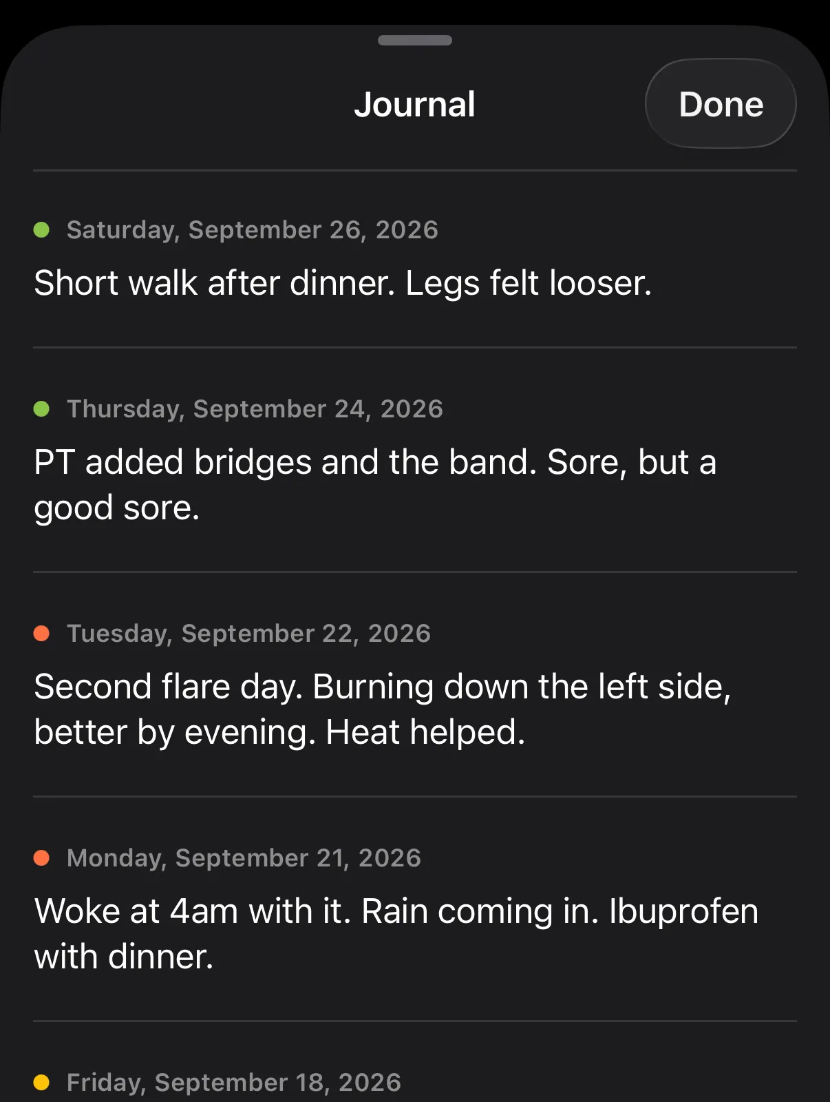 Flare’s Journal: notes like “Second flare day. Burning down the left side, better by evening. Heat helped.” listed by date, each with a colored dot for how that day went