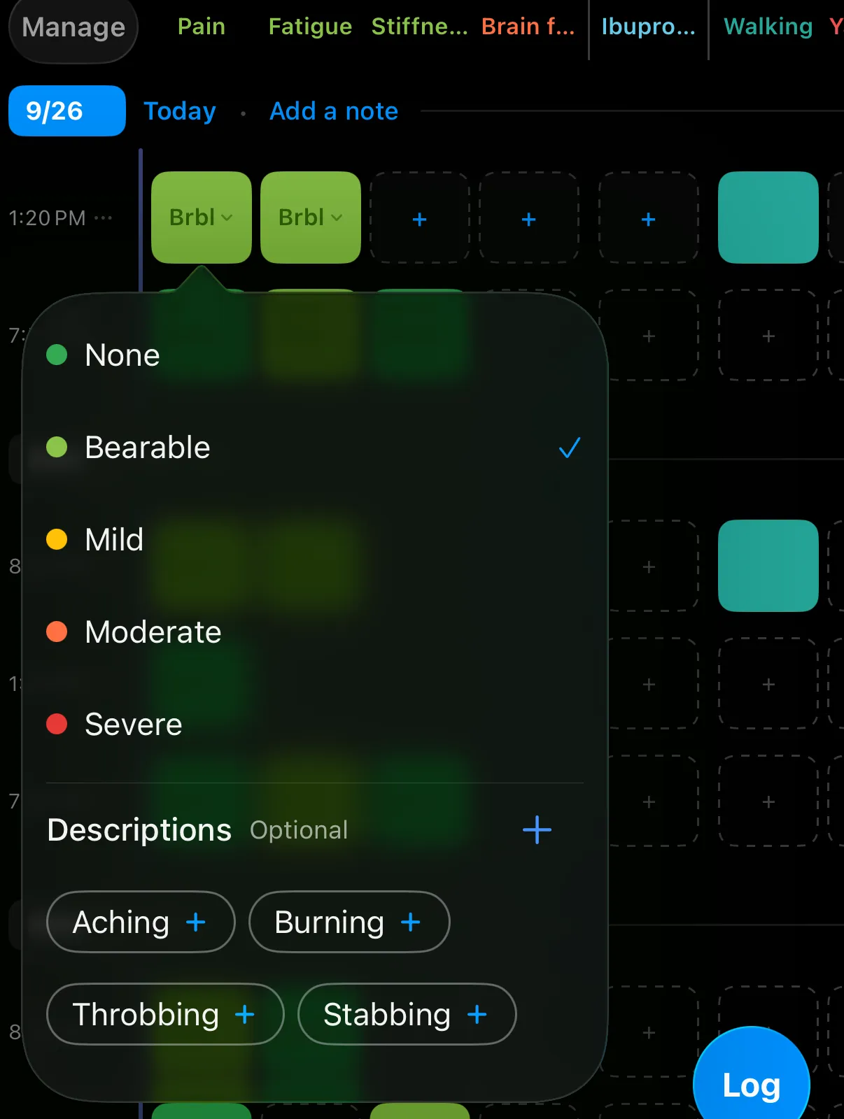 The severity picker open on the timeline: None, Bearable, Mild, Moderate, Severe, and optional descriptions Aching, Burning, Throbbing and Stabbing