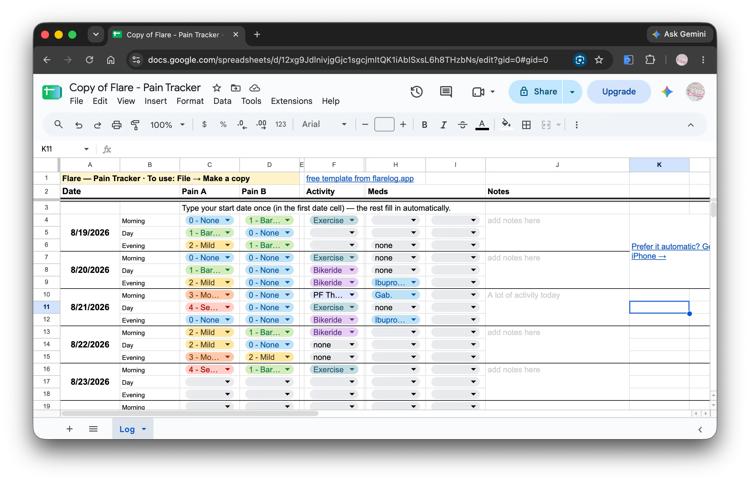 The Flare pain diary spreadsheet template in Google Sheets — 30 pre-built days with severity dropdowns, activities, meds, and notes