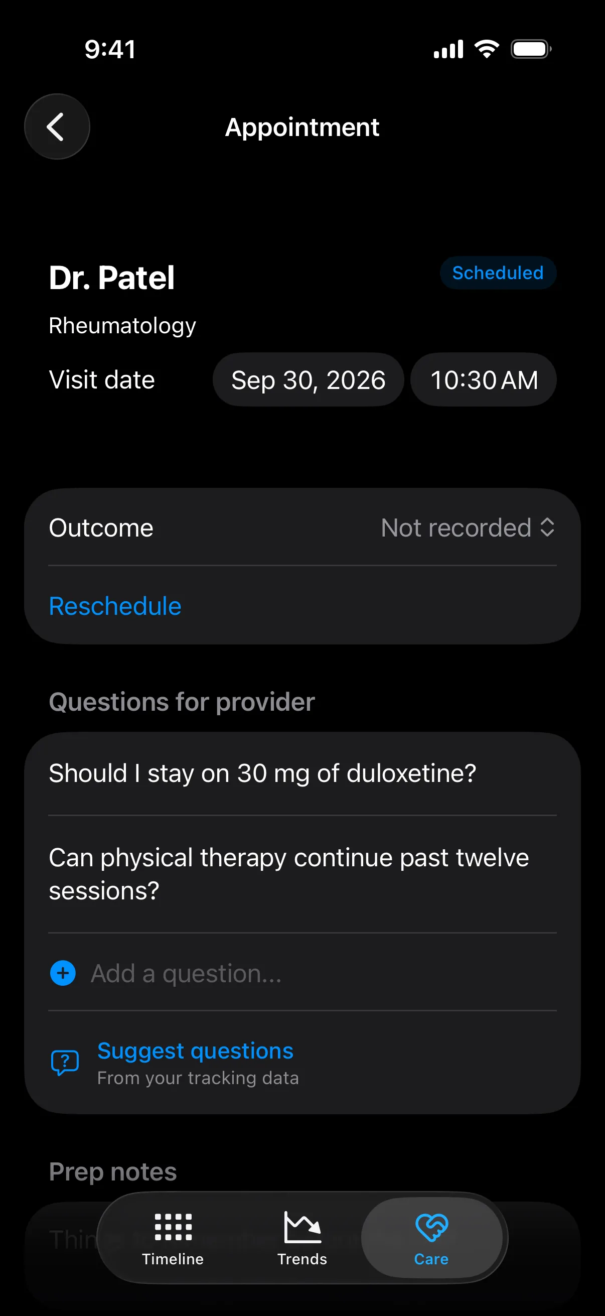 An upcoming appointment with Dr. Patel in rheumatology, with two questions for the provider and an option to suggest questions from tracking data